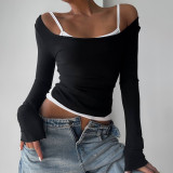 Women casual solid contrast color halter top T-shirt two-piece set