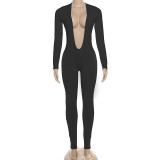 Autumn Women's Fashion Sexy Low Back Deep V Long Sleeve Solid Color Tight-Fitting Jumpsuit