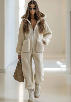 Women Fall/Winter Hooded V-Neck Pocket Jumpsuit
