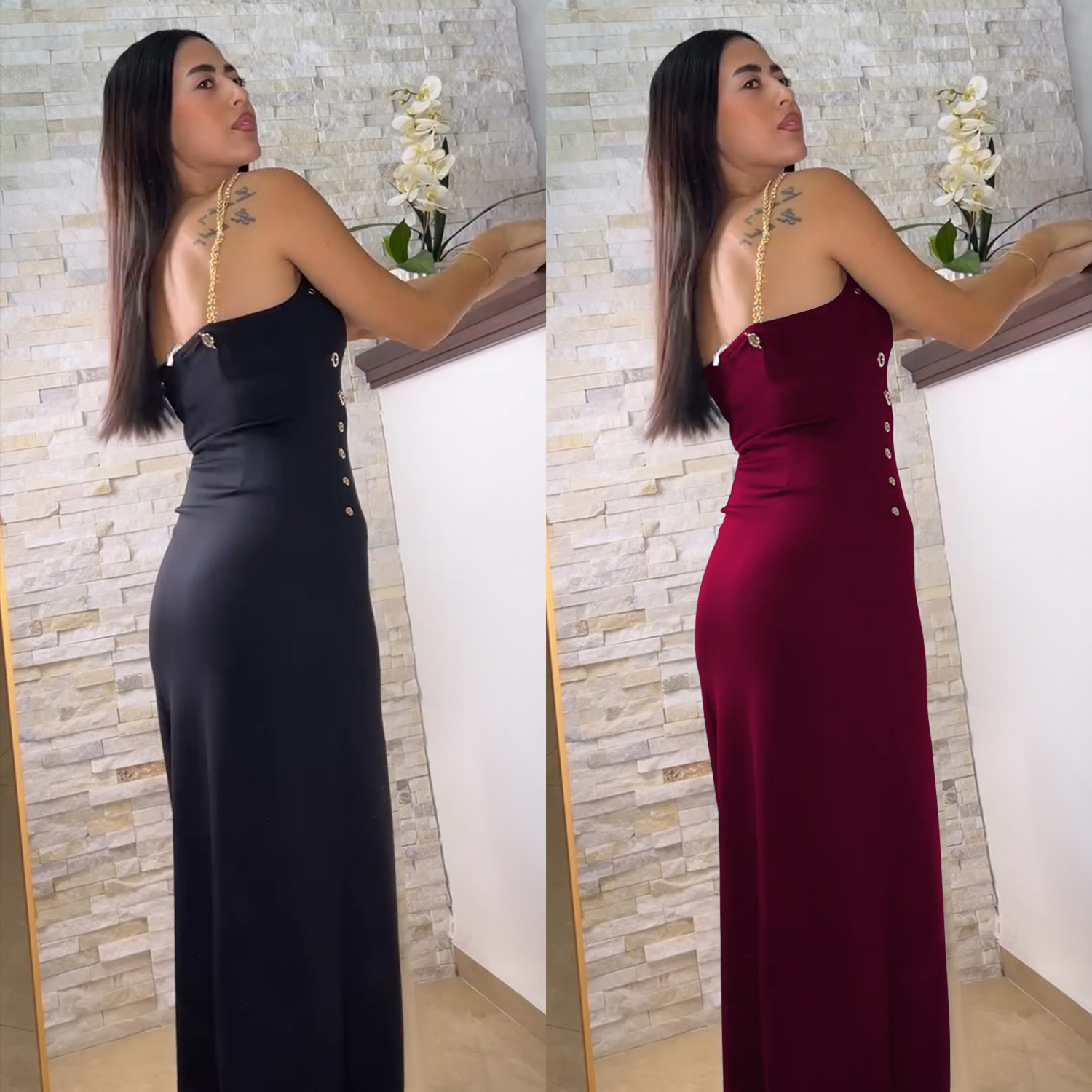Women Elegant Gold Chain Sexy Strapless Slit Dress
