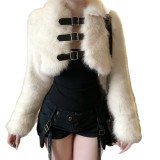 Women fall/winter faux furry metal Pu-Leather buttoned turndown collar top