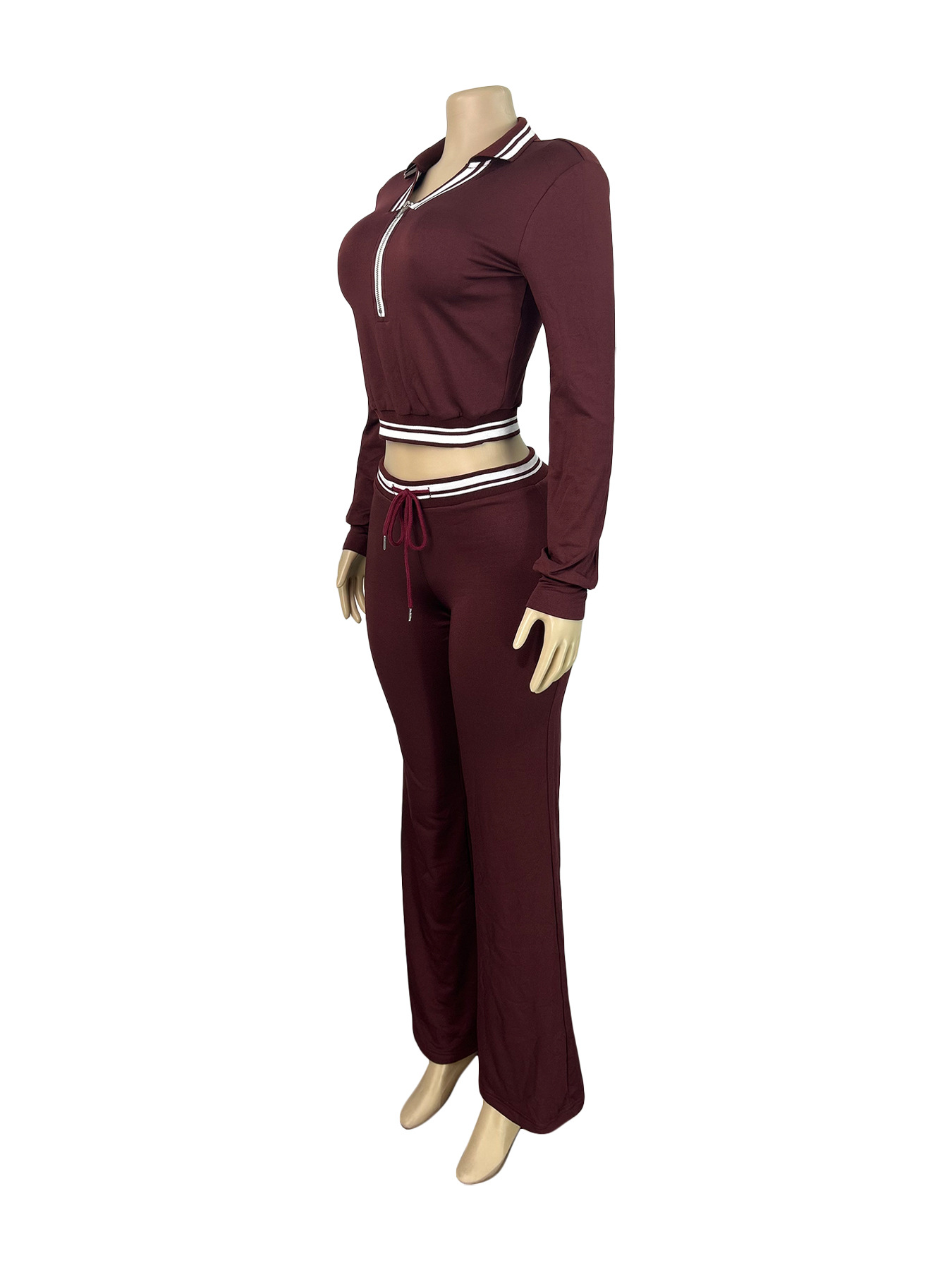 Women Turndown Collar Half-Zip Top and Drawstring Wide-Leg Pants Casual Athletic Two-Piece Set
