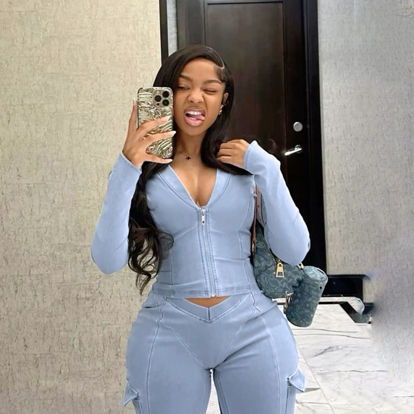 Women Casual Knitting V-Neck Long-Sleeved Zippered Hoodies and Sweatpants Two-Piece Set