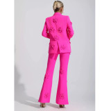 Autumn Women's Fashion Chic Career Turndown Collar Jacket + Pants Floral Set