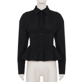 Women Pleated Casual Solid V-Neck Shirt