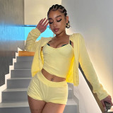 Women Solid Casual American-Style Sweatpants and Shorts Three-Piece Set