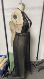 Plus-Size Women Halter Neck See-Through Lace Maxi Dress