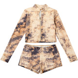 Autumn Women's Sexy Crop Top Bodycon Shorts Fashion Print Set