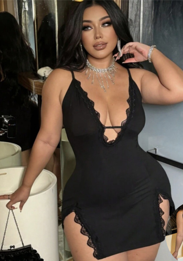 Women Sexy Lace Lace-Up Slit Nightdress Sexy Lingerie