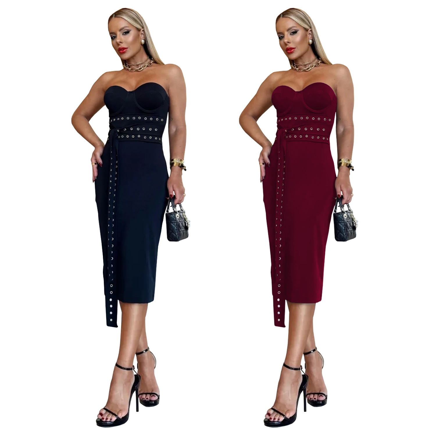 Women Sexy Strapless Lace-Up Dress