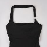 Women sporty solid Halter Neck metal ring sleeveless bodysuit