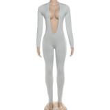 Autumn Women's Fashion Sexy Low Back Deep V Long Sleeve Solid Color Tight-Fitting Jumpsuit