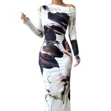 Spring Autumn Slash Shoulder Sexy Long Sleeve Slim Fit Long Dress