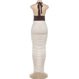 Women fall/winter contrast color Patchwork Halter Neck lace-up backless Sexy Bodycon Dress