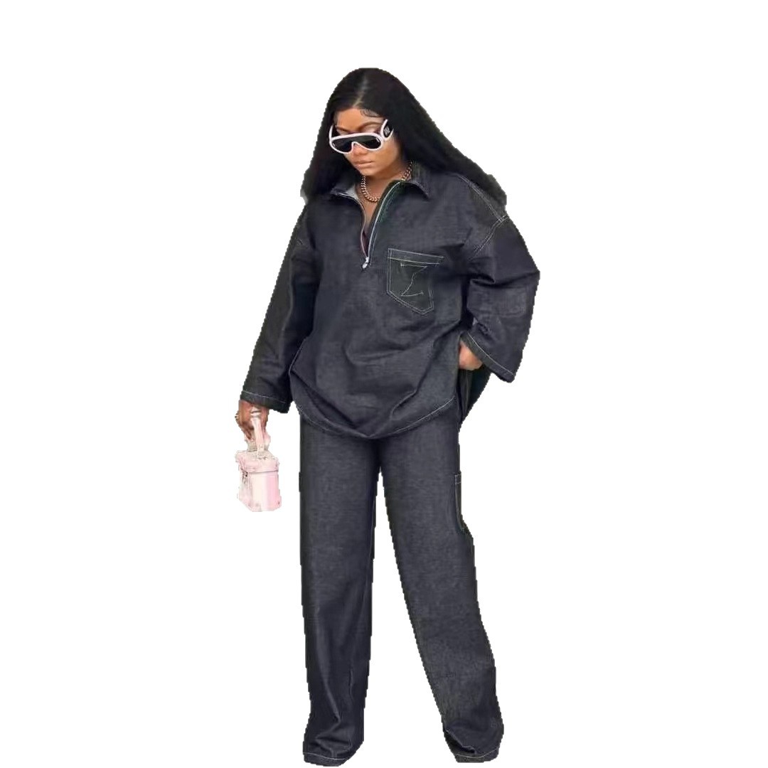 Women Autumn Denim Long-Sleeved Embroidered Turndown Collar Top and Two-Piece Pants Set