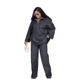 Women Autumn Denim Long-Sleeved Embroidered Turndown Collar Top and Two-Piece Pants Set