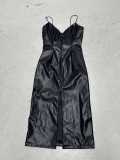 Women sexy V-neck halter slit stretchy Pu-Leather bodycon dress