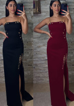 Women Elegant Gold Chain Sexy Strapless Slit Dress Women Elegant Gold Chain Sexy Strapless Slit Dress
