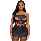 Women's Autumn Strapless Halloween Print Tight-Fitting Mini Bodycon Dress