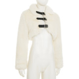 Women fall/winter faux furry metal Pu-Leather buttoned turndown collar top