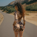 Autumn Women's Sexy Crop Top Bodycon Shorts Fashion Print Set