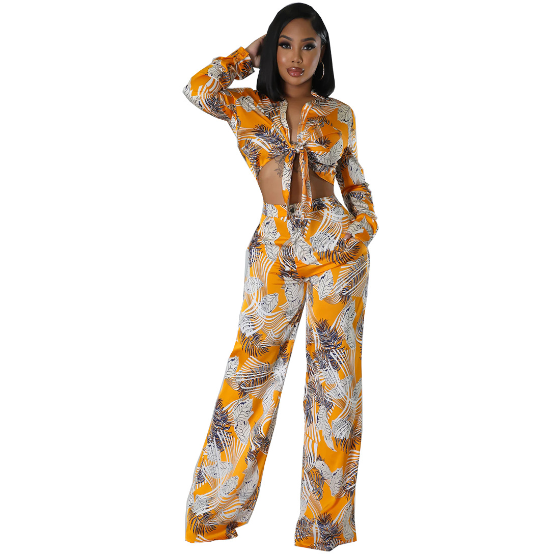 Summer Print Stand Collar Long Sleeve Shirt Top Wide Leg Pants Fashion Two-Piece Set