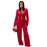 Women elegant contrast color turndown collar casual blazer and pant two-piece set