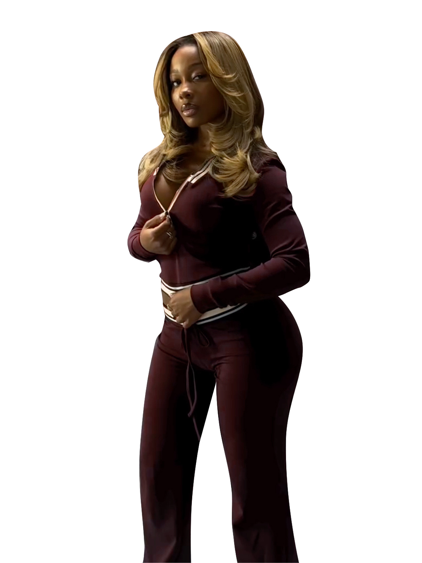 Turndown Collar Half-Zip Top & Wide-Leg Pants Athletic Set