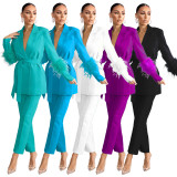 Fuzzy Fashion Casual Long Sleeve Two-Piece Blazer and Pants Set