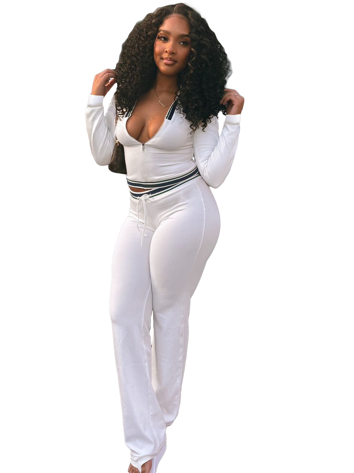 Turndown Collar Half-Zip Top & Wide-Leg Pants Athletic Set