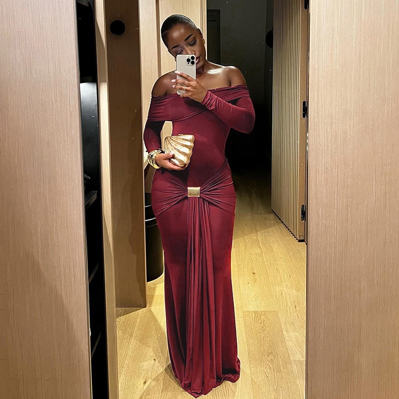 Women Off Shoulder Solid Long Sleeve Sexy Bodycon Dress