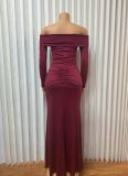 Women Off Shoulder Solid Long Sleeve Sexy Bodycon Dress