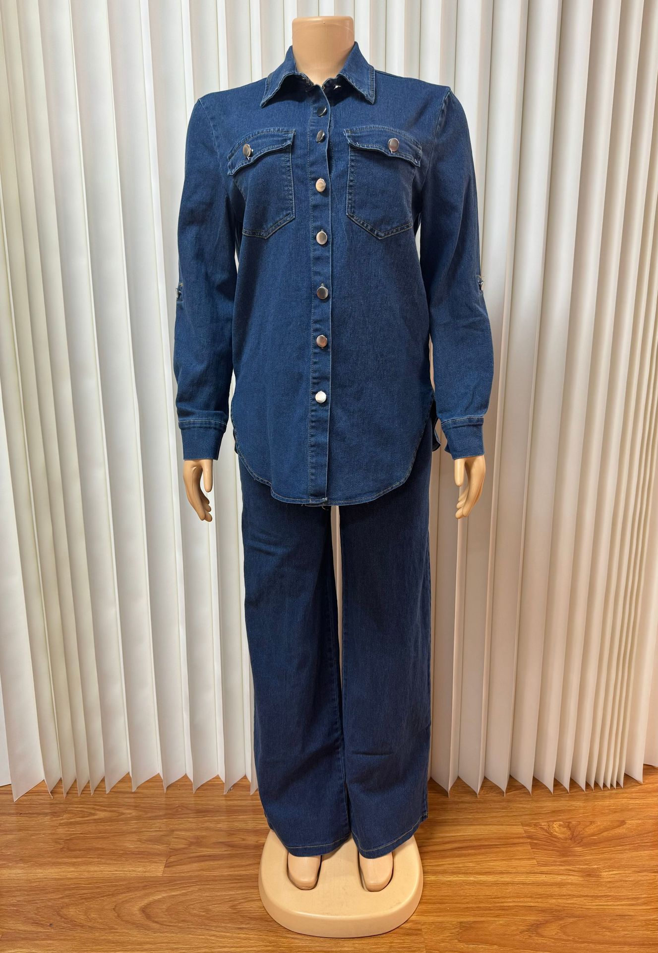 Women Turndown Collar Pocket Long-Sleeved Top and Two-Piece Pants Set