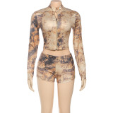 Autumn Women's Sexy Crop Top Bodycon Shorts Fashion Print Set