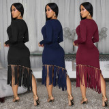 Women Solid Round Neck Tassel Dress