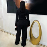 Women elegant contrast color turndown collar casual blazer and pant two-piece set