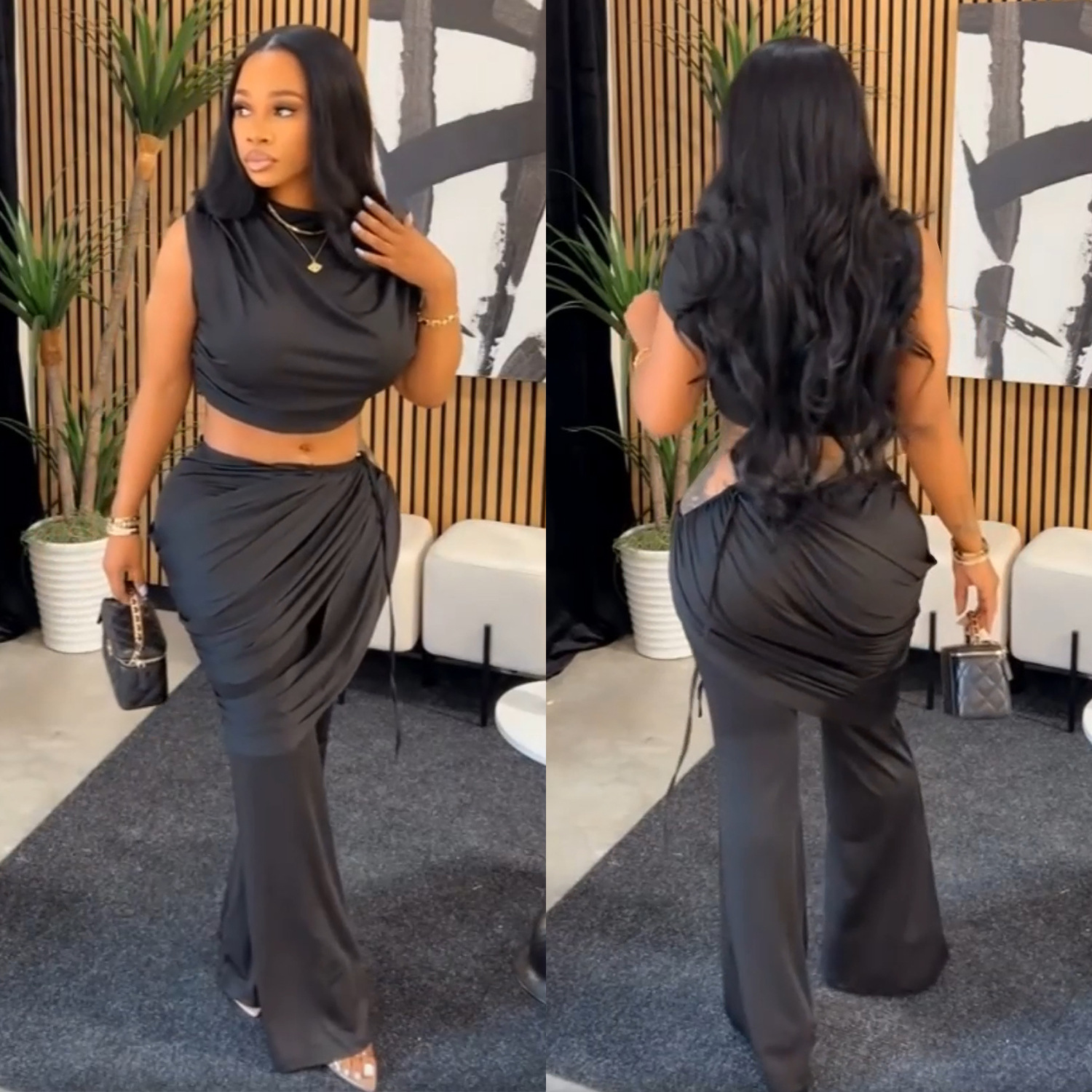 Women Casual Sleeveless Crop Top and Two-Piece Pants Set