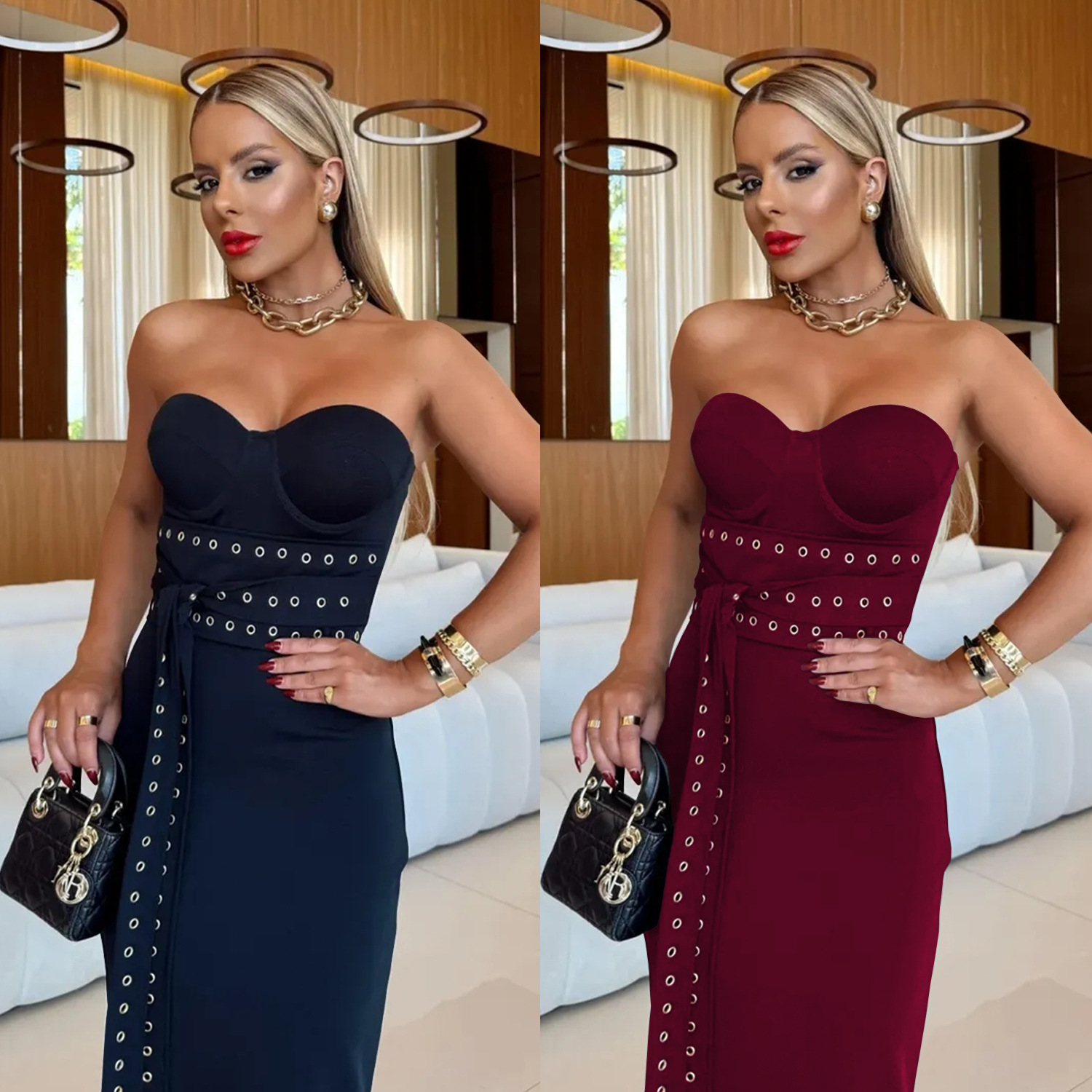 Women Sexy Strapless Lace-Up Dress