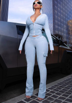 Women Casual Knitting V-Neck Long-Sleeved Zippered Hoodies and Sweatpants Two-Piece Set