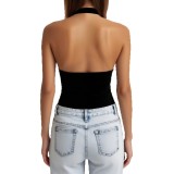 Women sporty solid Halter Neck metal ring sleeveless bodysuit