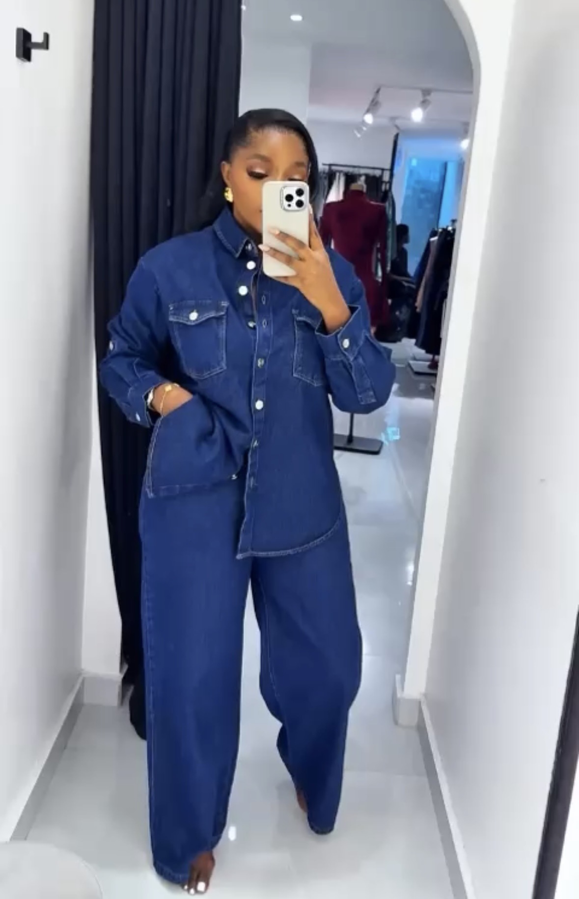 Women Turndown Collar Pocket Long-Sleeved Top and Two-Piece Pants Set