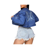 Women Embroidered Butterfly Appliqué Long-Sleeved Denim Embroidered Top