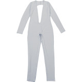 Autumn Women's Fashion Sexy Low Back Deep V Long Sleeve Solid Color Tight-Fitting Jumpsuit