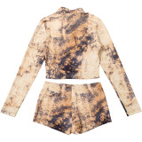 Autumn Women's Sexy Crop Top Bodycon Shorts Fashion Print Set