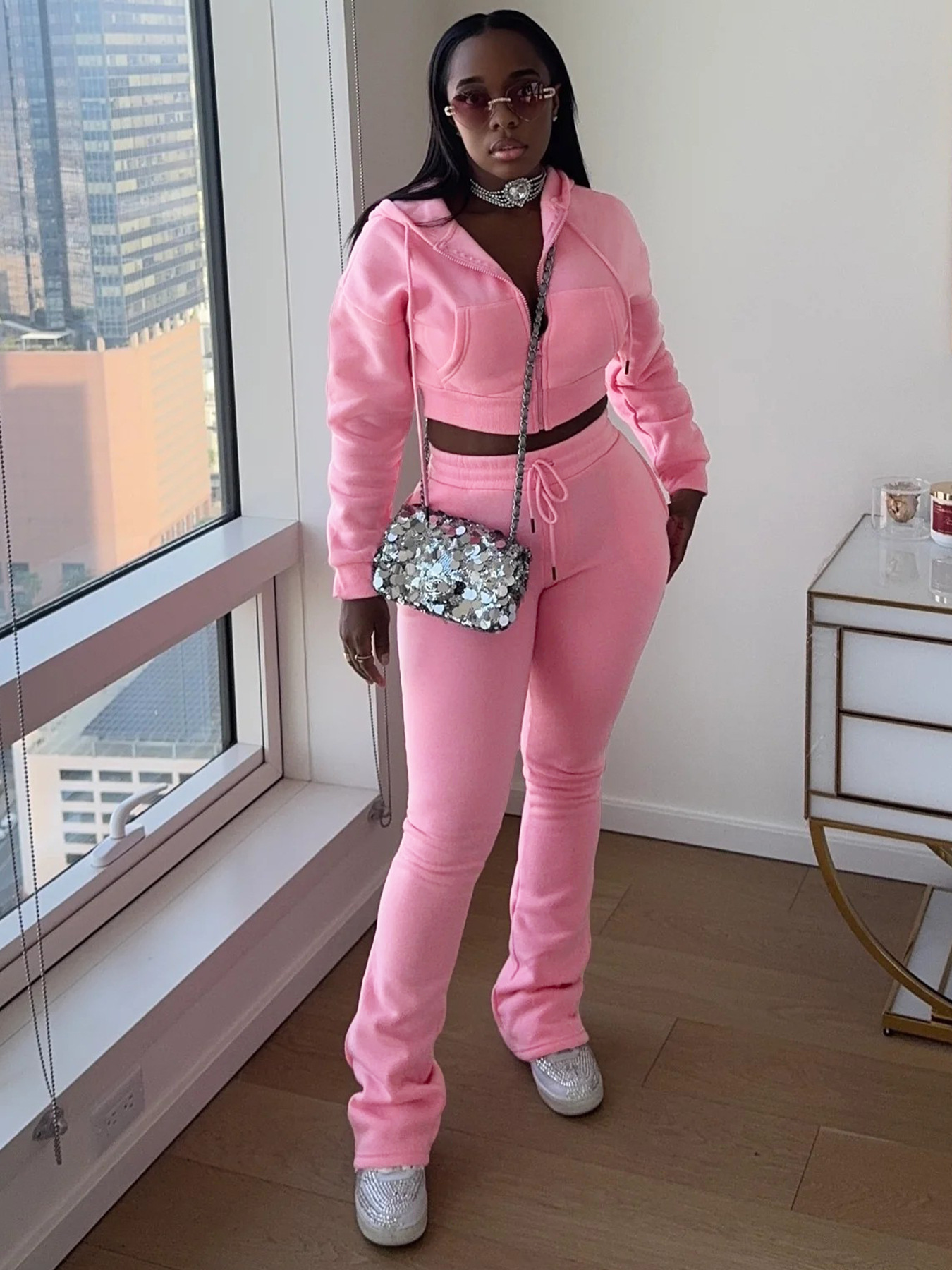 Women Hoodies and Bell Bottom Pants Two-Piece Set