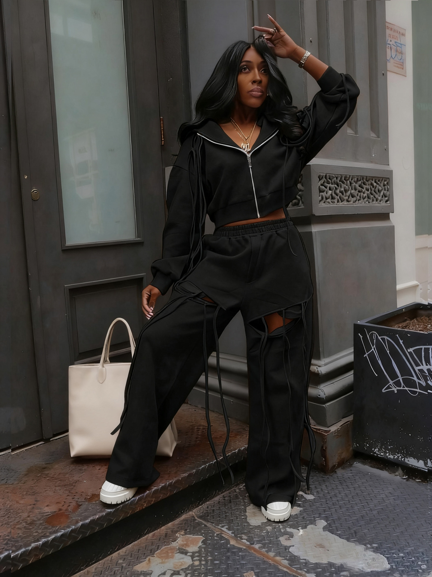 Women casual zipper hoodies and ripped wide-leg pants two-piece set