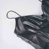 Women sexy V-neck halter slit stretchy Pu-Leather bodycon dress