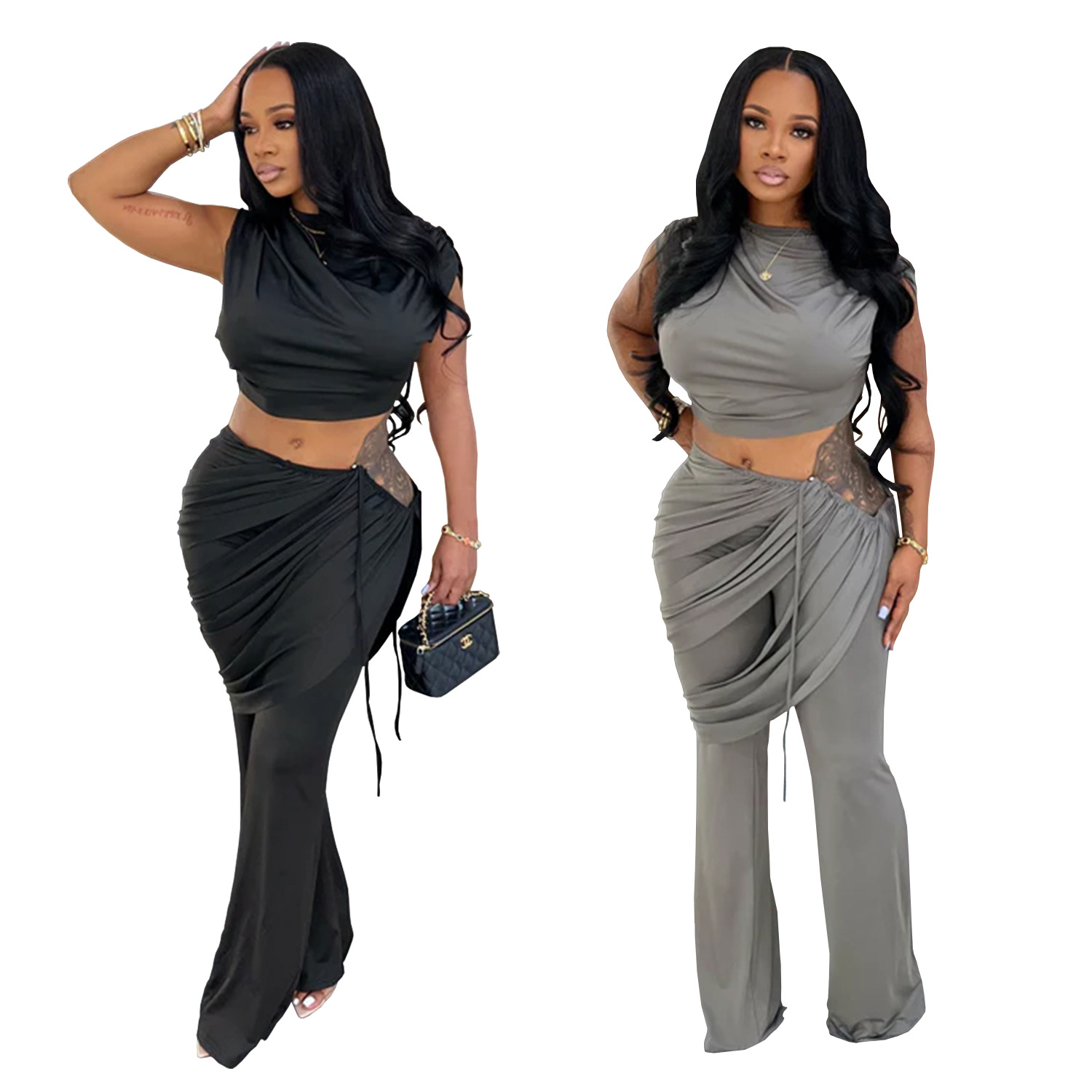 Women Casual Sleeveless Crop Top and Two-Piece Pants Set
