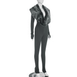 Women Fall/Winter V-Neck Furry Patchwork Shawl Collar Solid Long-Sleeved Jumpsuit