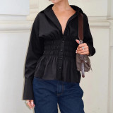Women Pleated Casual Solid V-Neck Shirt
